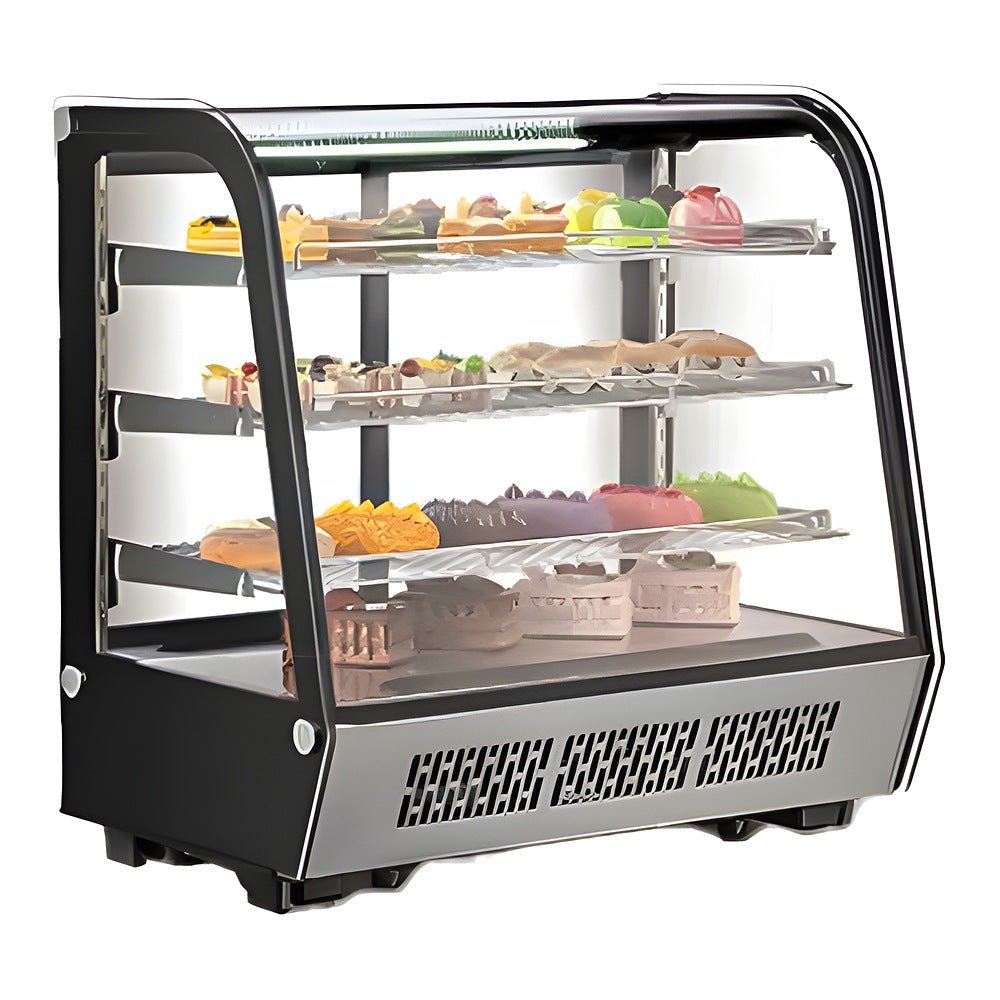 Vitrina refrigerada Migsa CW-295R de cristal curvo con 4 niveles de exhibición, frente de 152 cm, 363 litros, color acero y negro.
