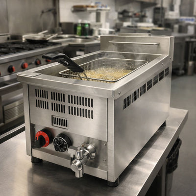 FREIDORA KINGSTAR FK1G | Freidora | Gas | 1 Canastilla | Con Termostato y Tina Zona Fria | Restaurante Comida Rápida | Freidora de Papas Industrial Comercial Gas Eléctrica Papas a la Francesa Pollo Frito Alitas Salchipulpos Acero Inoxidable Restaurante Cocina Económica Fonda Negocio