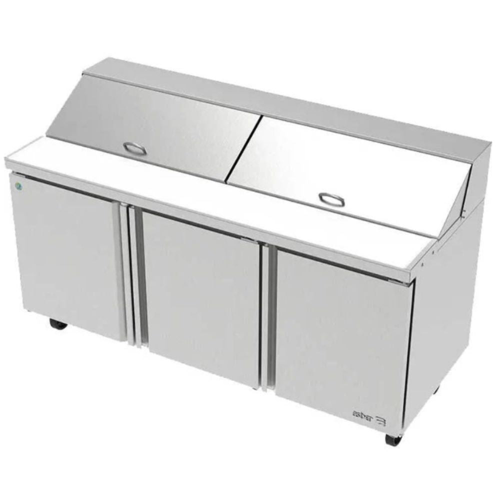 MESA ASBER APTS-72-18 HC 115V 60Hz | Mesa Refrigerada Preparación para Ensaladas | 20.6 Pies Cúbicos | 3 Puertas Solidas | 3 Parrillas | Acero Inoxidable | Eléctrico | Cocina Comedor Industrial | Restaurantes Cocinas Profesionales Industriales Puestos de Comida Hoteles Fondas Banquetes Enfriador Temperatura Conservar Ensaladas