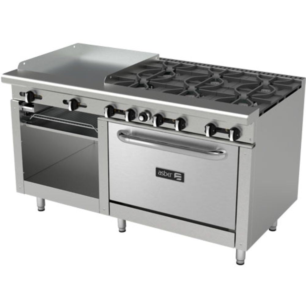 Asber Aemr-G24-B6-60-H Estufa Maestra 6 Quemadores Abiertos Plancha Horno Gratinador para Restaurante Comedor Industrial Cocinas Fondas Restaurantes Cenadurias Comedores Industriales Preparación de Alimentos Coccion. KitchenMax.Store. Envíos seguros a todo México. Cotiza hoy mismo.