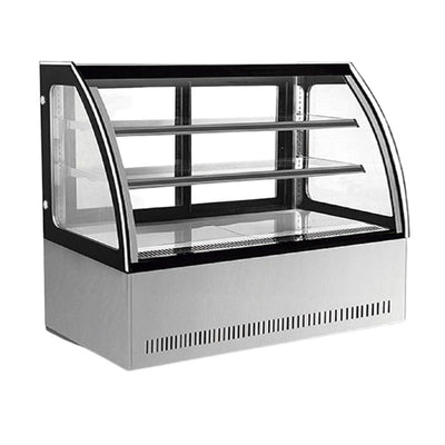 Vitrina exhibidora refrigerada Migsa GN-1800C2 de cristal curvo templado con 2 entrepaños de cristal y puertas deslizables, acero inoxidable, frente de 180 cm, 464 litros.