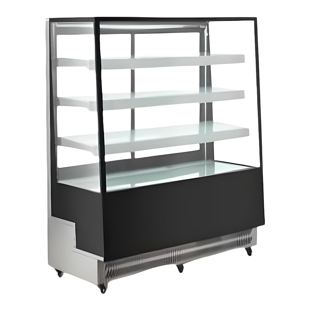 Vitrina refrigerada de piso Migsa ARC-400L en lámina de acero color negro, 4 caras de cristal doble y 3 entrepaños ajustables, frente de 90 cm, 500 litros.
