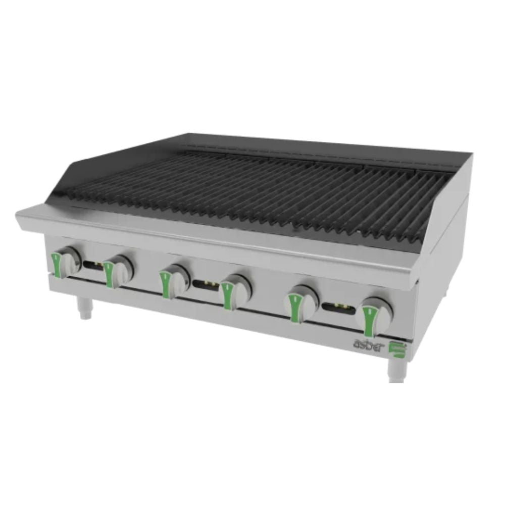 ASADOR ASBER AERB 36 EM  | Gas | 6 Quemadores | Acero Inoxidable | Restaurante Cafetería Cocina Industrial Comedor Grill Cortes Cenaduría Hotel | Respaldo Charola Quemador Parilla Restaurante Niveladores Empotrar Base Comedor Uso Rudo Acero Inoxidable Grill Alimento Cocción Preparación Cortes Hotel Cenaduría Cocina Económica Radiante Gourmet