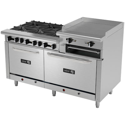 ESTUFA ASBER MULTIPLE AEMR-2-RG24-B6-60-H | Estufa | 6 Quemadores | Gratinador | Plancha 24" Elevada | Horno Doble 24" y 36" | Parrilla | Gas | Acero Inoxidable | Comedor Industrial Hotel Cafetería Bistró Restaurante | Gratinador Plancha Horno Doble Parrilla Estante  |  Gas | Acero Inoxidable | Múltiple Cocina Gratinar Doble Cocción Preparación Restaurante Hotel Quemadores Plancha Uso Rudo Industrial Estufa