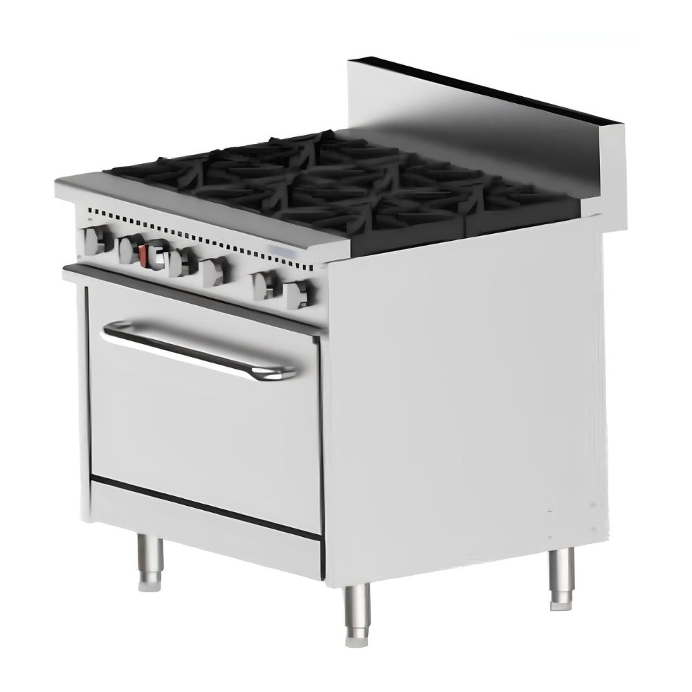 ESTUFA IMBERA 1029158 EHGP-6Q | Estufa con Horno a Gas | Acero Inoxidable | Cocina Industrial Restaurante Bistró Cafetería Hospital Local Plaza comercial Dark Kitchen Parrilla Hospital Hotel Cafetería Puesto Bar Panadería Chocolatería Ilustrativa