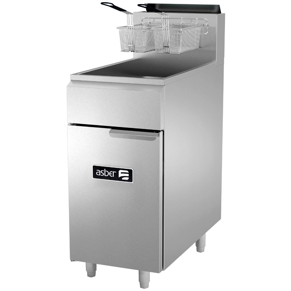 FREIDORA ASBER AEF-50-S | Freidora | 1 Tina | 2 Canastillas | 3 Quemadores | Gas | Acero Inoxidable | Snacks Pollo Papas | Freidora Gas Preparación Alimentos Cocción Tina Canastilla Acero Inoxidable Alambrón Mango Plastificado Quemador Tipo Guitarra Tubo Válvula Desagüe Patas Nivelador Regulable Restaurante Hotel Cafetería Negocio Local Industrial Bistró Guzguera Alitas Snack Papas Francesa Gajo Boneless Salchipulpo Pollo Frito Fritura Termostato Seguridad Piloto Encendido Chispa