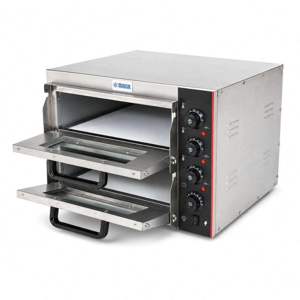 Horno Eléctrico para Pizzas Doble Cámara Migsa HPD-2, en acero inoxidable.