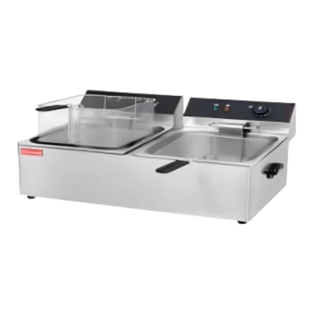 Keiter DZL-26B Freidora Electrica 26 Litros 2 Canastillas Restaurante Cocina Económica Freír Alimentos Freidores Alitas Papas A la Francesa Salchipulpos. Ideal para su uso en restaurantes, cocinas económicas, fondas, banquetes, cafeterías, para preparación de alimentos, comida, freir, cocinar, carnes, papas, salchichas, etc. KitchenMax.Store. Envíos seguros a todo México. Cotiza hoy mismo.