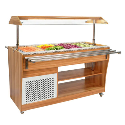 Mesa buffetera refrigerada móvil Migsa RTS-1490L de 4 insertos enteros, cuerpo en madera teka con cubierta de granito rosa perrino.