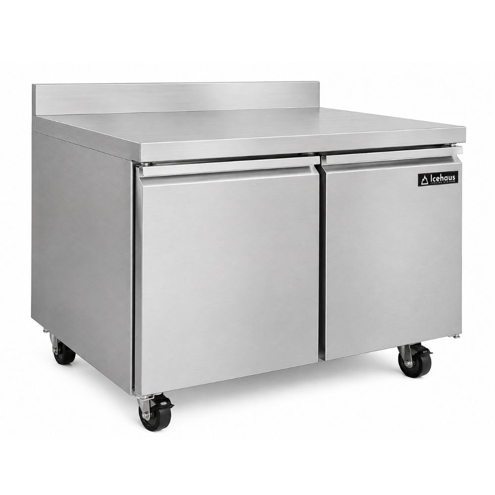 Mesa de Trabajo Icehaus MTR-2P-SS-01, mesa de trabajo refrigerada, en acero inoxidable.