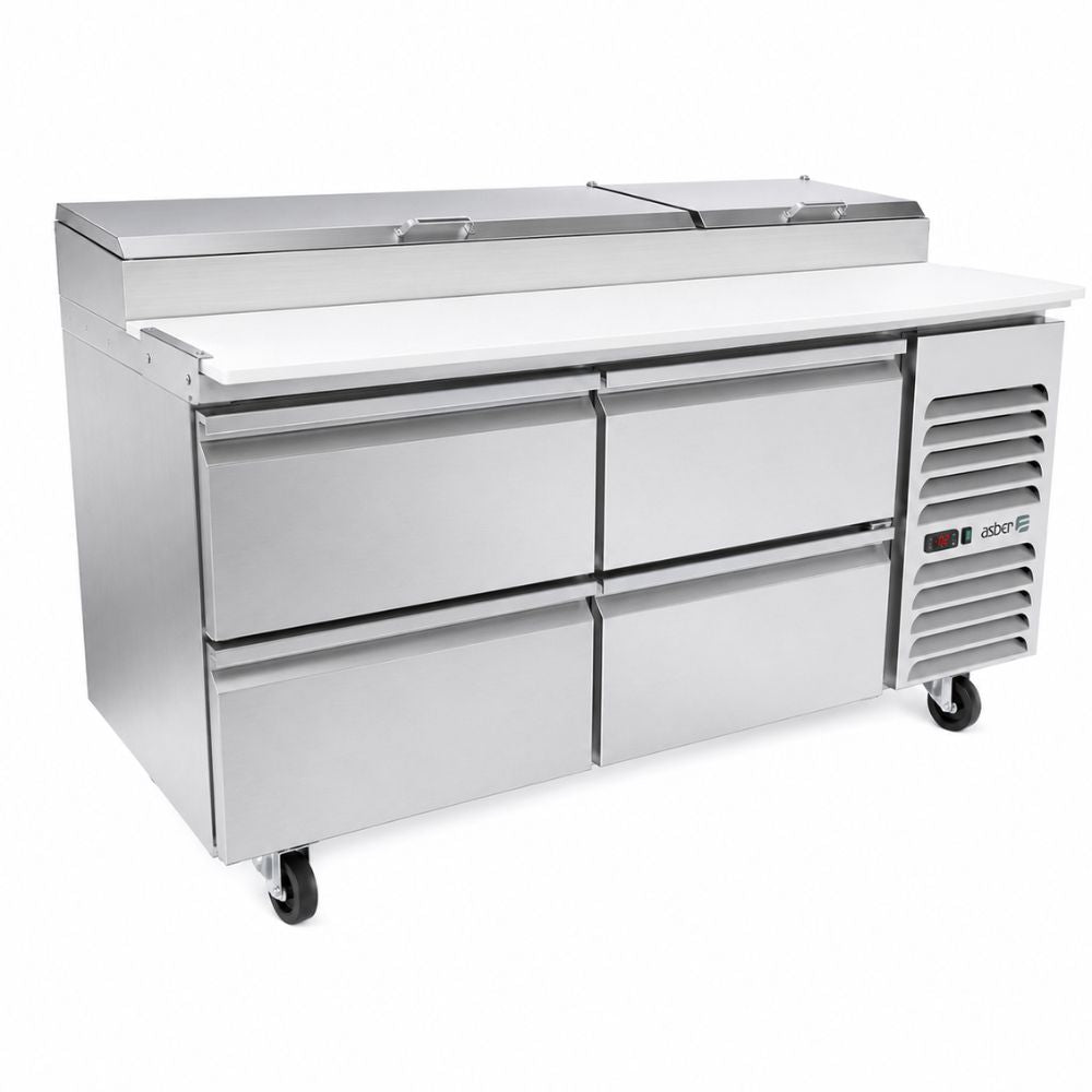 Mesa Refrigerada Asber APTP-67-D4 P Hc, pizza, en acero inoxidable.