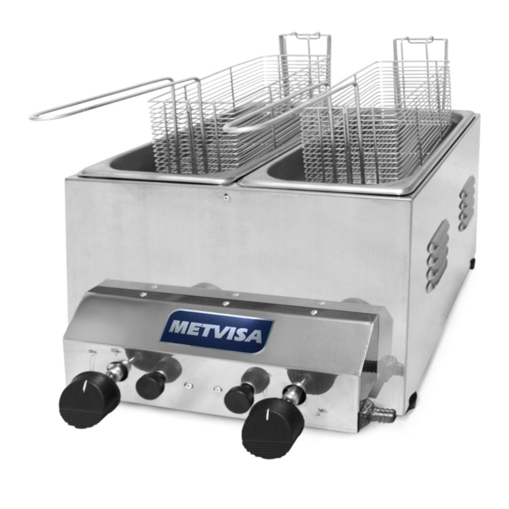FREIDOR METVISA MTA-FG-3D | 2 Tinas 2 Canastillas | 6 Litros 3 + 3 | Gas | Papas Pollo Alitas | Freidora de Papas Industrial Comercial Gas Eléctrica Papas a la Francesa Pollo Frito Alitas Salchipulpos Acero Inoxidable Restaurante Cocina Económica Fonda Negocio