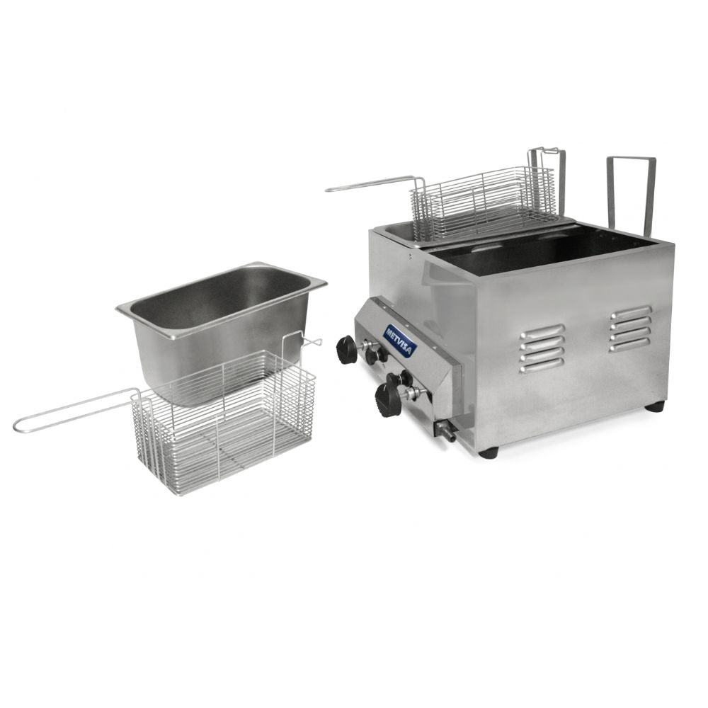 FREIDOR METVISA MTA-FG-3D | 2 Tinas 2 Canastillas | 6 Litros 3 + 3 | Gas | Papas Pollo Alitas | Freidora de Papas Industrial Comercial Gas Eléctrica Papas a la Francesa Pollo Frito Alitas Salchipulpos Acero Inoxidable Restaurante Cocina Económica Fonda Negocio