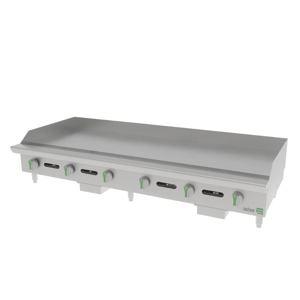 PLANCHA ASBER AEMG 72 EM | Gas | 6 Quemadores | Acero Inoxidable | Taquería Hoteles Comedores Industriales Industriales Restaurante Cafetería Cocina Industrial Comedor Grill Cortes Cenaduría Hotel | Respaldo Charola Quemador Parilla Restaurante Niveladores Empotrar Base Comedor Uso Rudo Acero Inoxidable Grill Alimento Cocción Preparación Cortes Hotel Cenaduría Cocina Económica Radiante Gourmet
