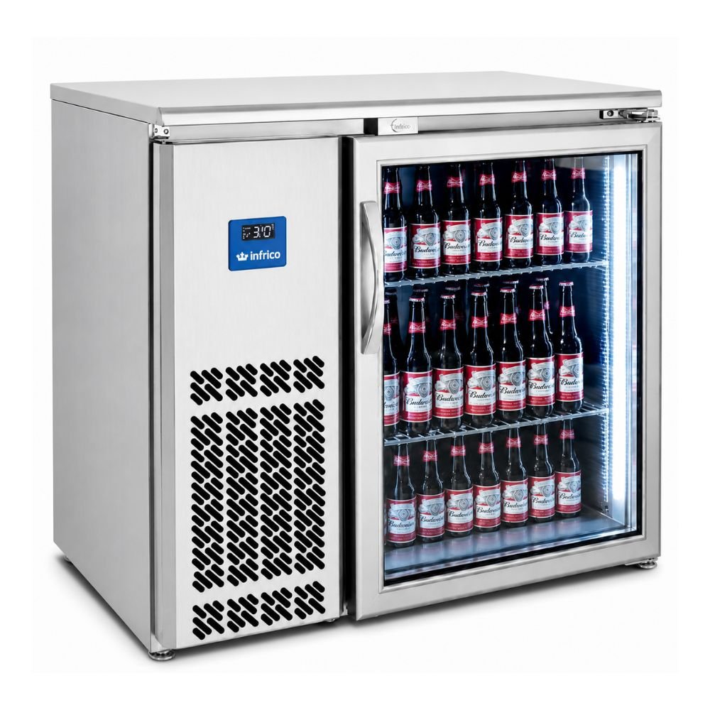 Refrigerador Infrico ERV60IIGD, frente mostrador back bar, en acero inoxidable.
