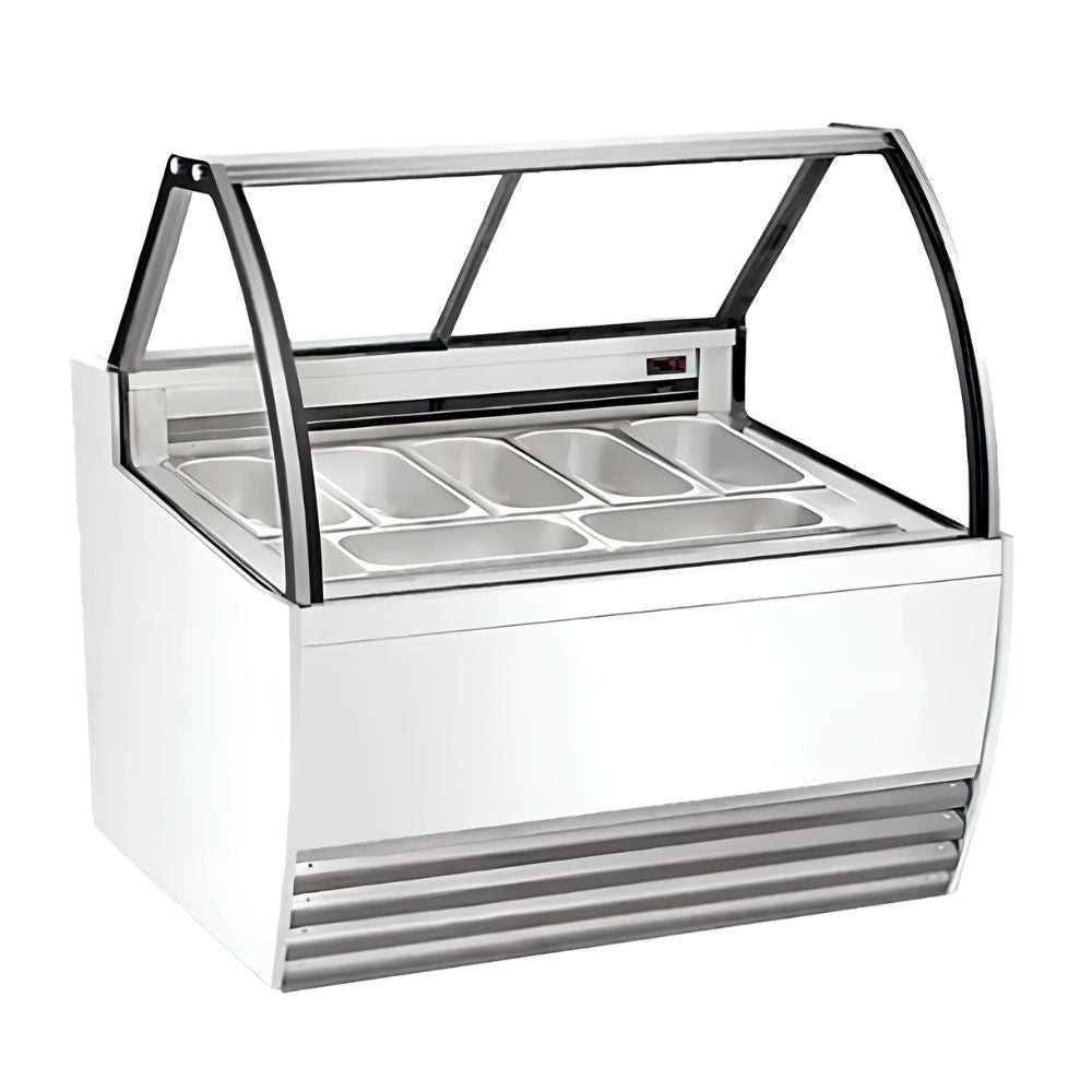 Vitrina Migsa DW-13, vitrina exhibidora cristal curvo, en acero inoxidable.