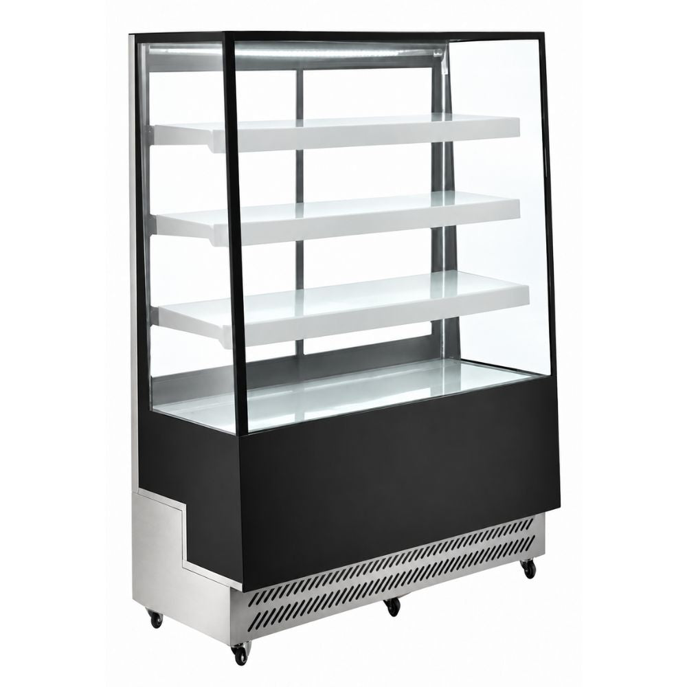 Vitrina refrigerada de piso Migsa ARC-300L en lámina de acero color negro, 4 caras de cristal doble y 3 entrepaños ajustables, frente de 65 cm, 350 litros.