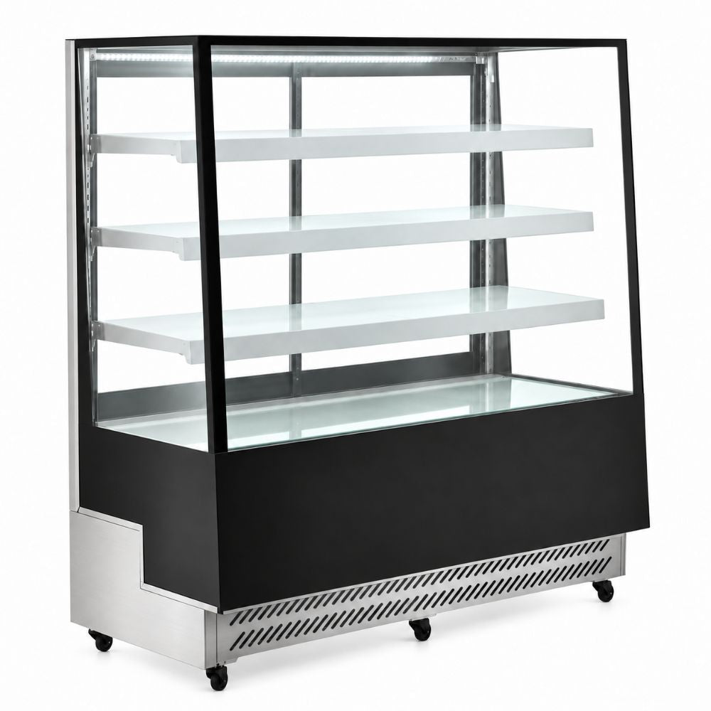 Vitrina refrigerada de piso Migsa ARC-500L en lámina de acero color negro, 4 caras de cristal doble y 3 entrepaños ajustables, frente de 120 cm, 650 litros.