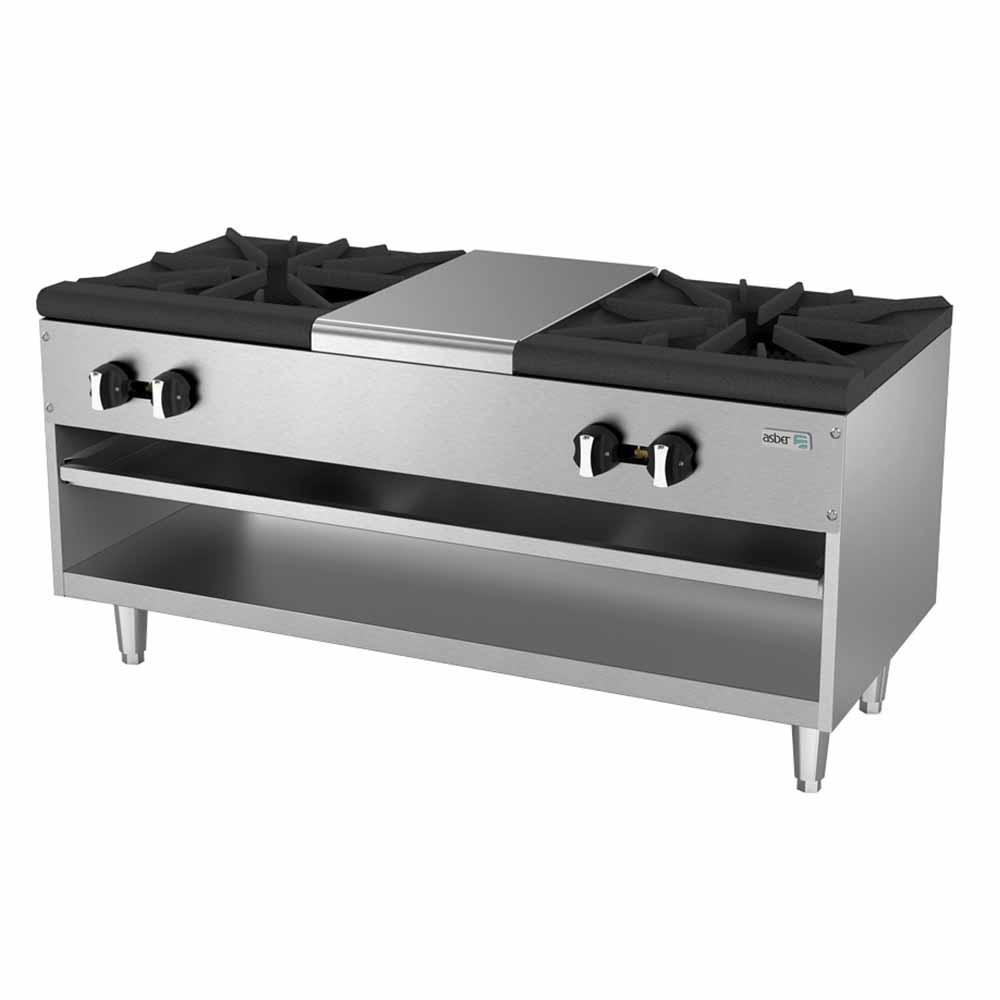 Asber Aesp-48-4 Fogon Gas 4 Quemadores Triples. Ideal para su uso en restaurantes, cocinas económicas, fondas, banquetes, cafeterías, comedores industriales, para preparación de alimentos, etc. Facilita la operación de las cocinas comerciales e industriales con potentes quemadores. KitchenMax.Store. Envíos seguros a todo México. Cotiza hoy mismo. 