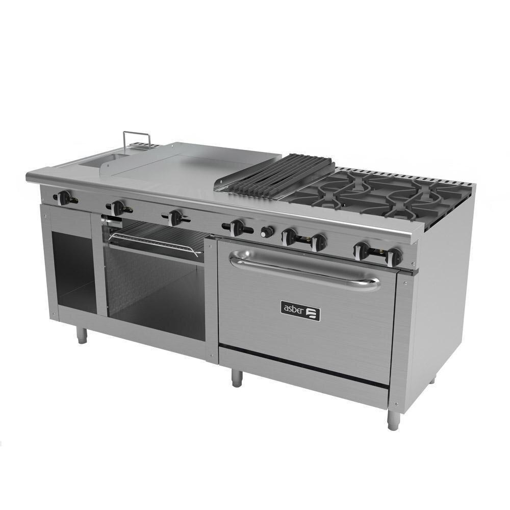 Asber AMR-72 Estufa Maestra 4 Quemadores Abiertos Asador Plancha Freidora Gratinador Horno para Cocina Industrial Restaurante Banquetes  Cocinas Fondas Restaurantes Cenadurias Comedores Industriales Preparación de Alimentos Coccion.  KitchenMax.Store. Envíos seguros a todo México. Cotiza hoy mismo. 