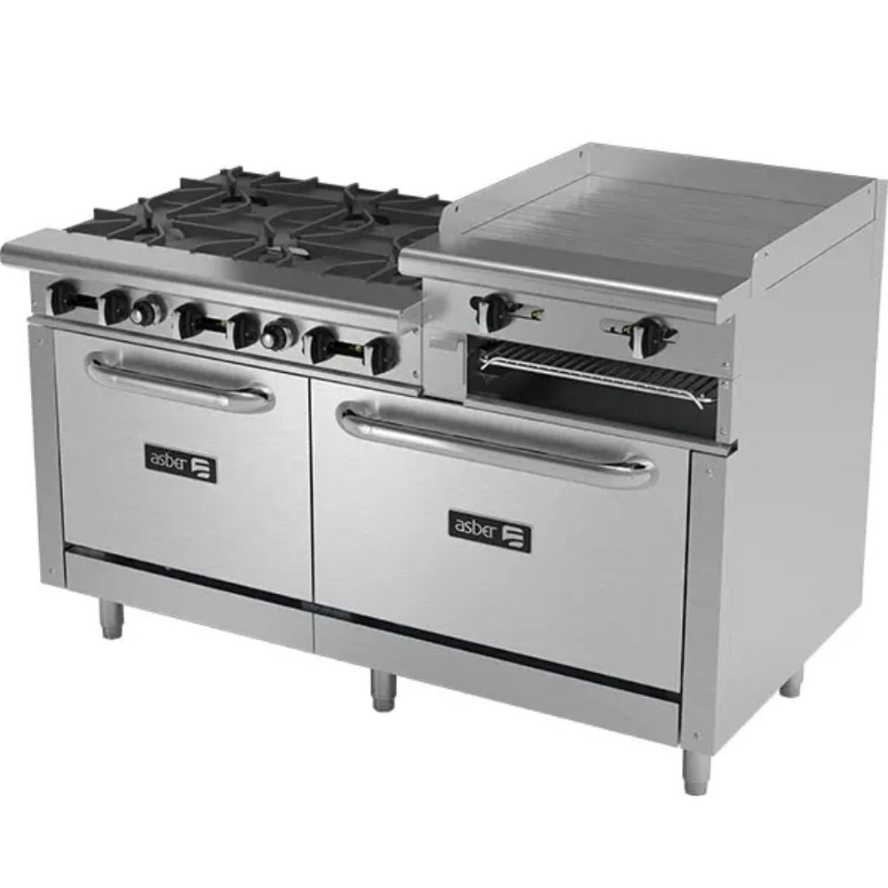 Asber Aemr-2-Rg24-B6-60-H 6 Estufa Maestra 6 Quemadores Abiertos Plancha Doble Horno Gratinador para Restaurante Cocina Industrial   Cocinas Fondas Restaurantes Cenadurias Comedores Industriales Preparación de Alimentos Coccion.  KitchenMax.Store. Envíos seguros a todo México. Cotiza hoy mismo.